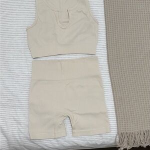 Beige Ribbed Shorts & sports bra set